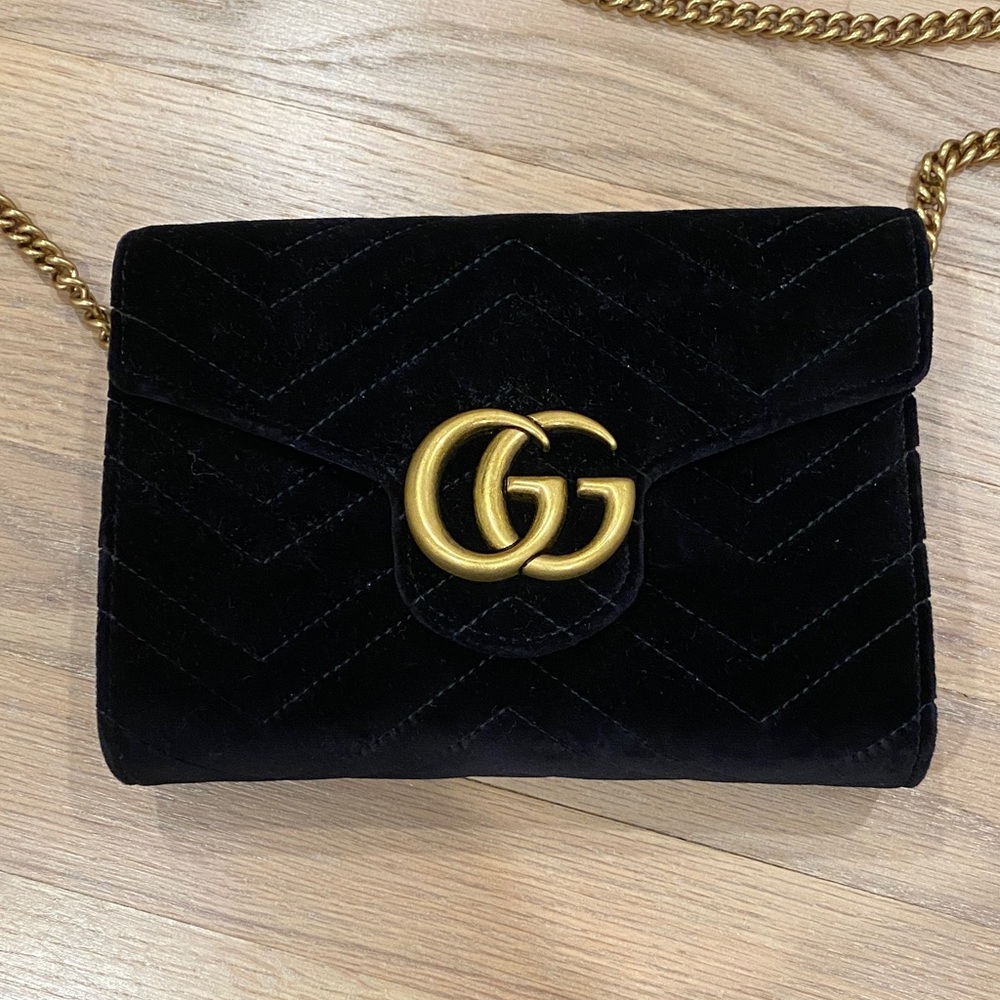 Gucci Black Velvet Crossbody Bag with Gold Accent